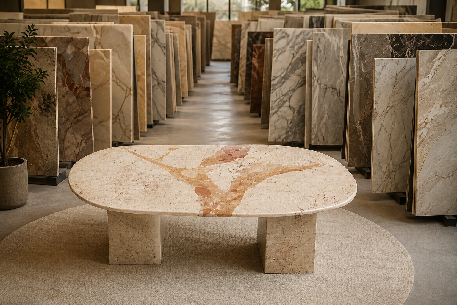 Showroom of natural stone slabs and a finished marble table
