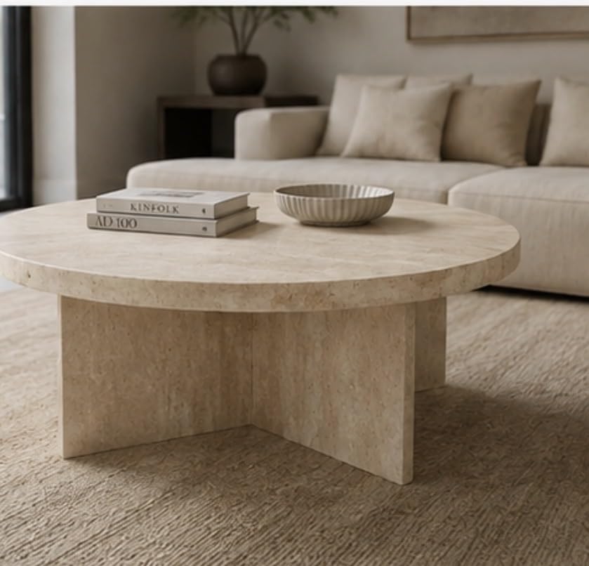 Round travertine coffee table with interlocking stone base, 90 cm