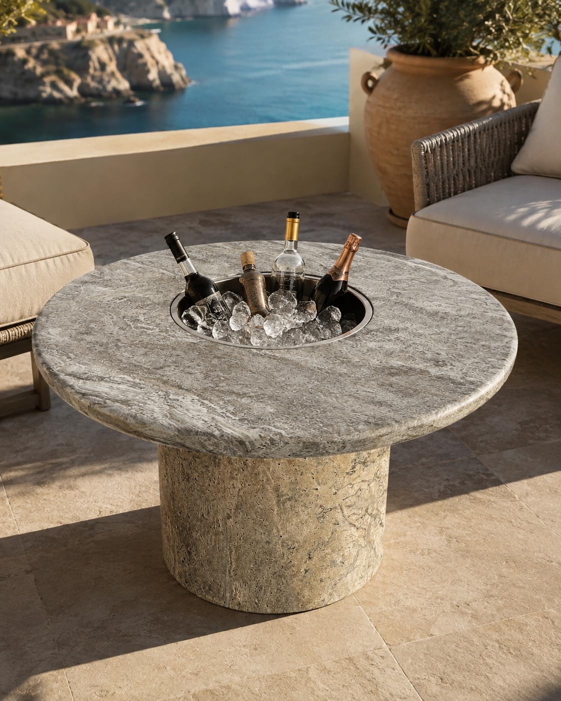 Round Silver Travertine coffee table with integrated ice bucket, 80 cm