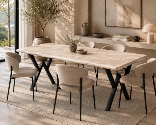 Natural travertine dining table with black metal X-base, 150x60 cm