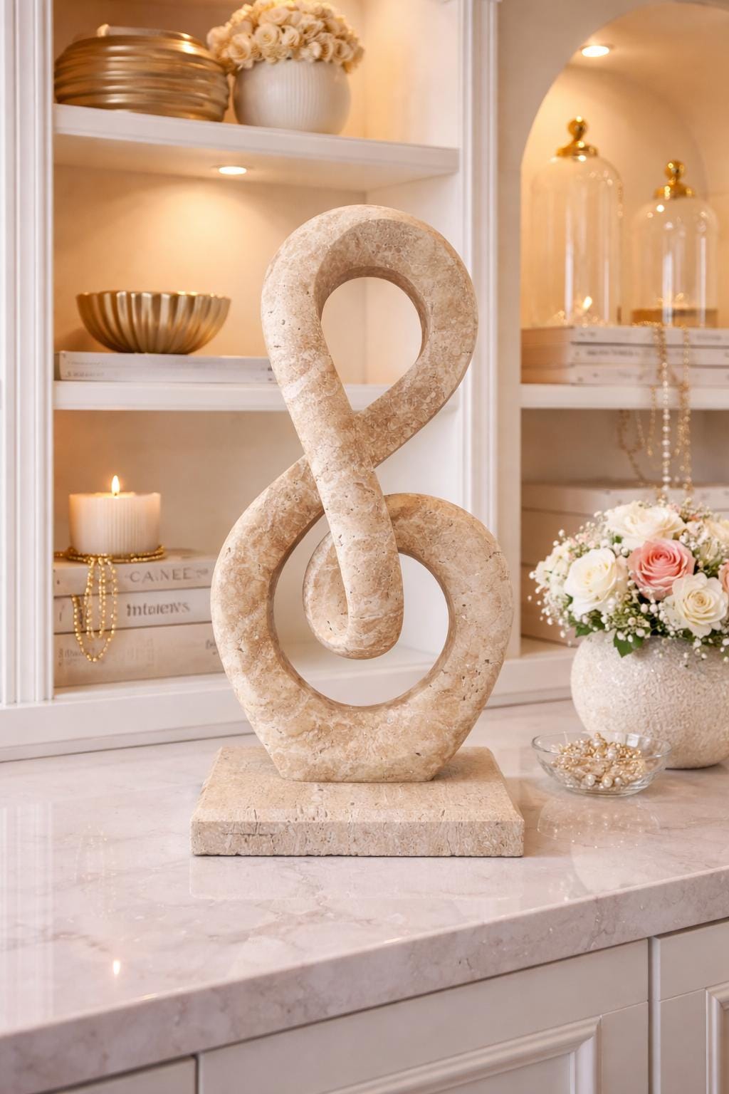 Hand-Carved Travertine Infinity Sculpture – Natural Beige Marble Home Accent